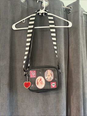 Black Crossbody Camera Bag with Striped Strap and Cute Patches